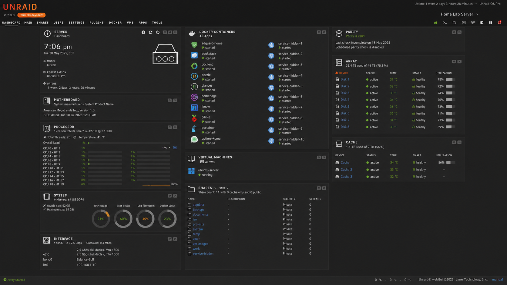 Unraid dashboard